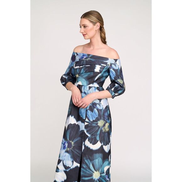 Kay Unger Womens Alison Floral Off-the-Shoulder Gown Flint Light Teal Size 6 - Picture 4 of 12